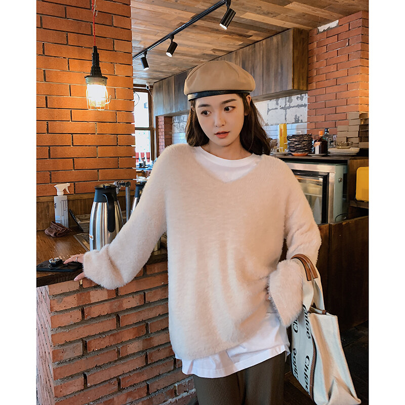 Knitted Sweater Imitation Mink Sweater Women's Loose Pullover Lazy V-neck Sweater