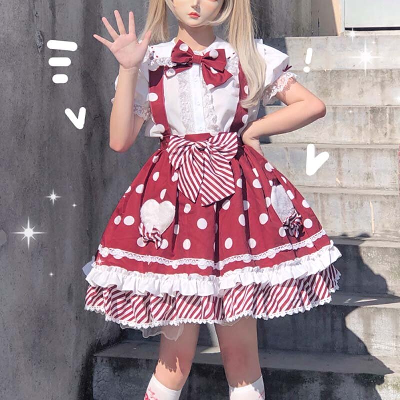 Летняя новая юбка Jk Lolita, японская Милая юбка в горошек с бантом и оборками, юбка на тонких лямках для маленьких кукол, женская модная Милая ка...