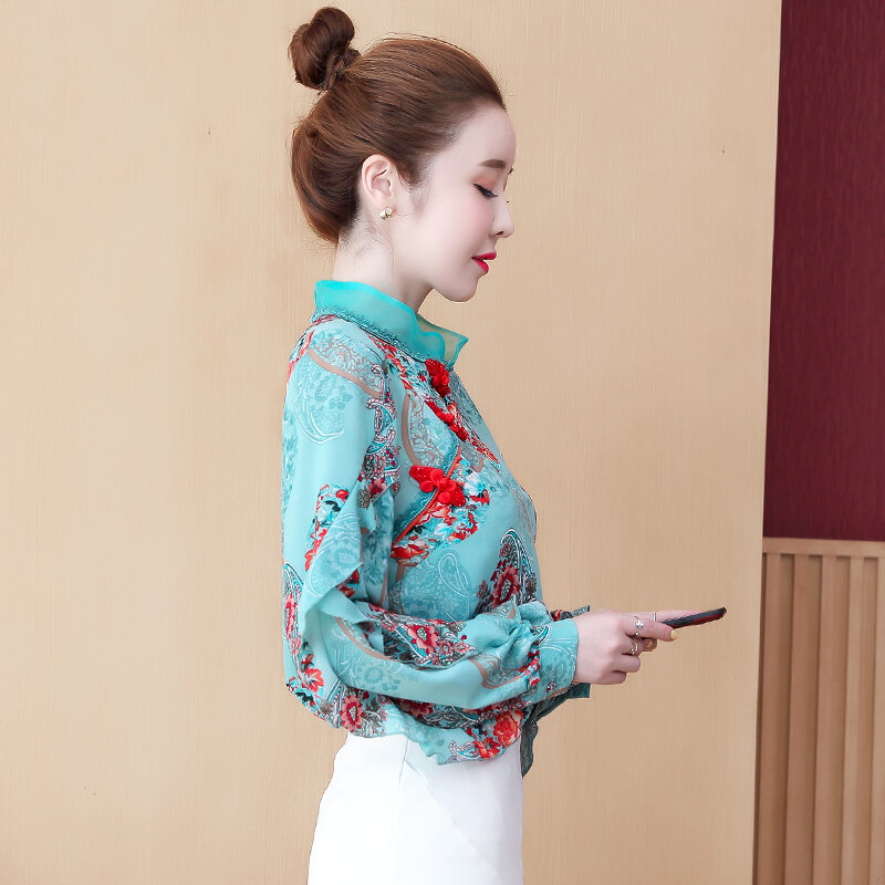COIGARSAM สไตล์จีนเสื้อผู้หญิงฤดูใบไม้ผลิ Cheongsam VINTAGE Ruffles ชีฟอง blusas ผู้หญิงเสื้อและเสื้อ 9372