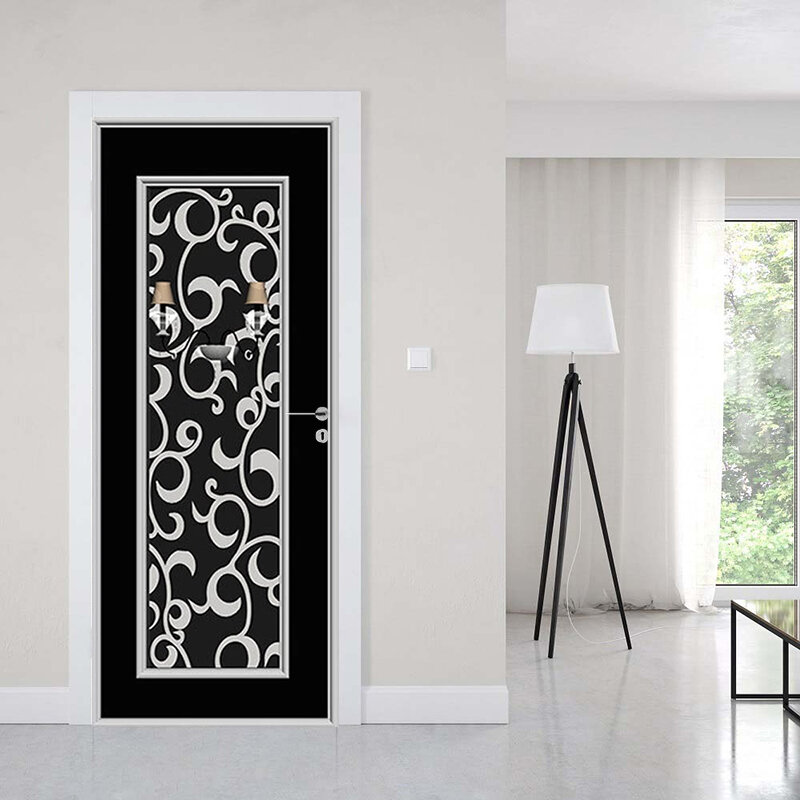 Autoadhesivo de PVC para puerta, pegatina impermeable 3D de moda negra, Arte Creativo, póster de puerta, decoración de Hotel, sala de estar, calcomanía 3D, papel de pared