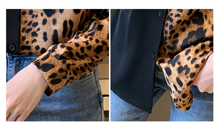 Женская рубашка с леопардовым принтом, шифоновая простроченная рубашка с длинным рукавом, простой женский шифоновый топ, Новинка осени 2021, ...