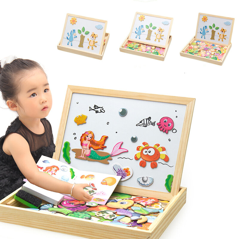 100 + pcs 나무 자석 퍼즐 장난감 어린이 3d 퍼즐 그림/동물/차량/서커스 드로잉 보드 5 스타일 학습 나무 장난감