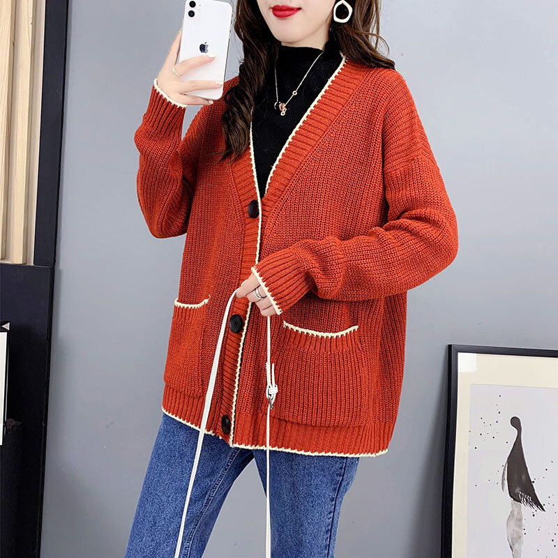2021 jesienno-zimowa nowa damska wersja koreańska luźny mały zapach dziergany sweter jednorzędowy sweter uniwersalny