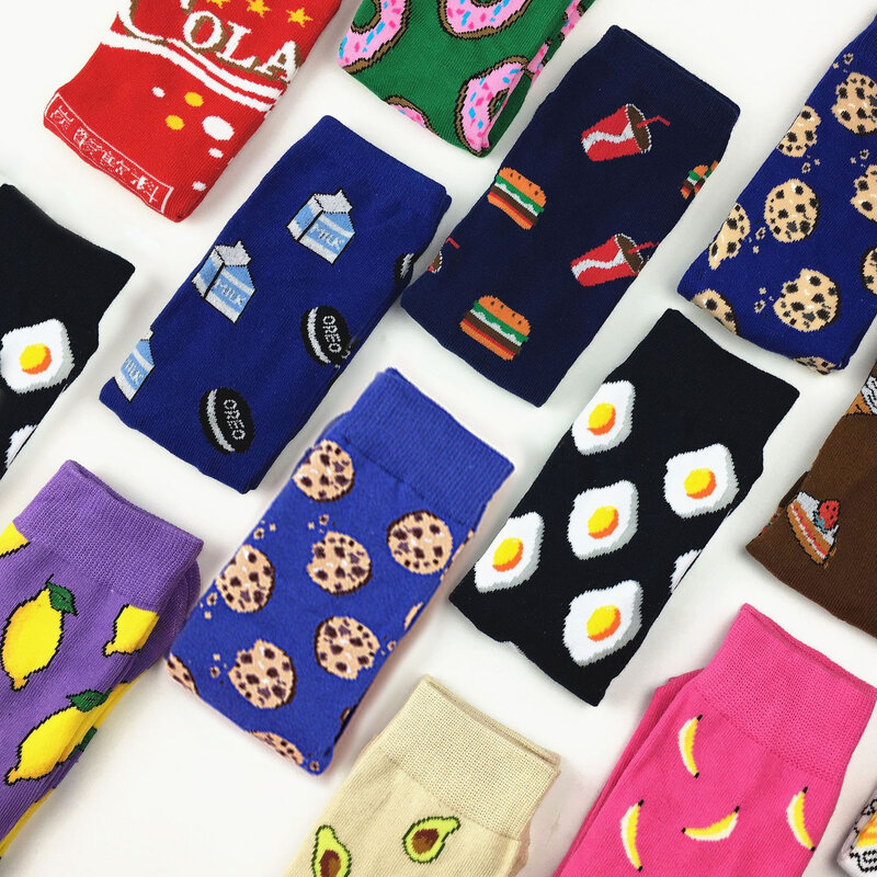 Chaussettes colorées pour femmes, chaussettes de skateboard pour skateboard, avec dessin animé, Fruits, banane, avocat, citron, œuf, Cookie
