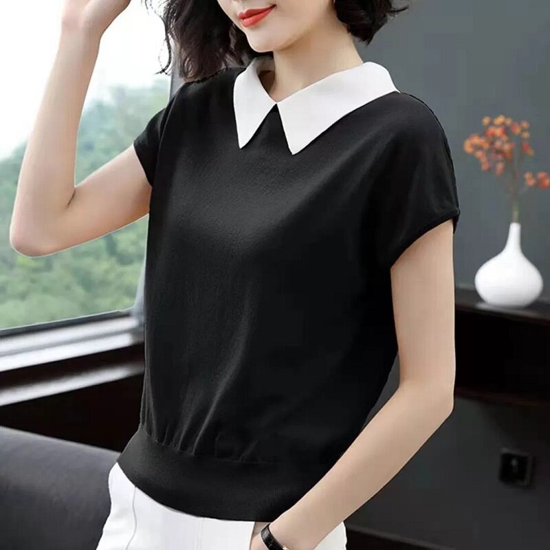 Short Sleeve Women Turn-Down Collar Pullover Ladies Summer 2021 Thin Yellow Knitted Top Feminine Fashion Elasticity Loose Jumper