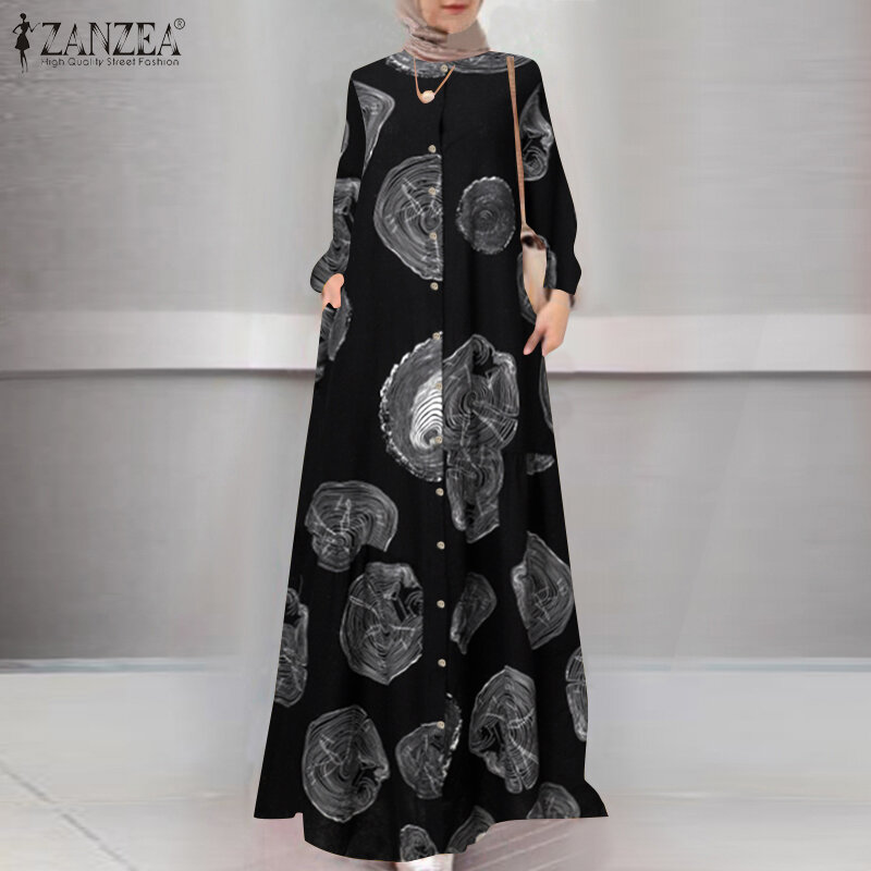 ZANZEA Women Maxi Long Dress Casual Dubai Turkey Abaya Hijab Dress Jilbab Islamic Clothing Robe Vintage Printed Sundress Femme