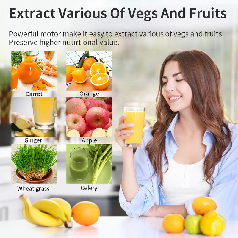 Lufveed-キッチン用の低速ジューサー,オレンジ,野菜,果物用,絞り器付き,栄養ジュース抽出器