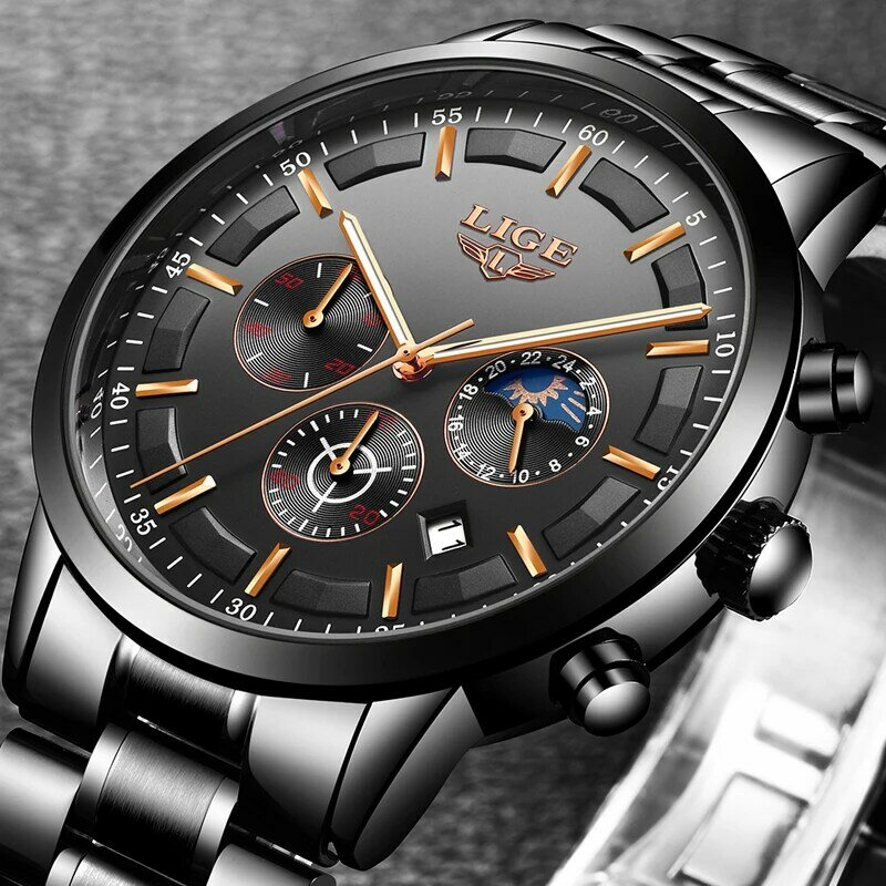 LIGE Männer Uhren Stahl Armbanduhr Sport Wasserdichte Chronograph Analog Quarzuhr Mann Business Datum Uhr Luxus Uhr für Männer