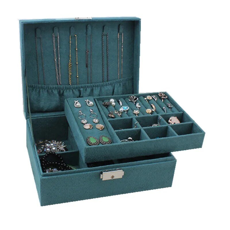 Duplo-camada de veludo caixa de jóias caixa de armazenamento de jóias europeu grande espaço titular de jóias presente de aniversário