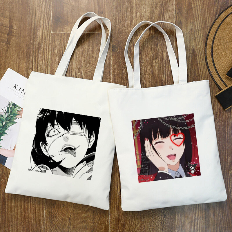하라주쿠 Anime Kakegurui Shopper Bag 캔버스 토트 백 핸드백 Schoolbag Girl 캐주얼 접이식 대용량 어깨 가방