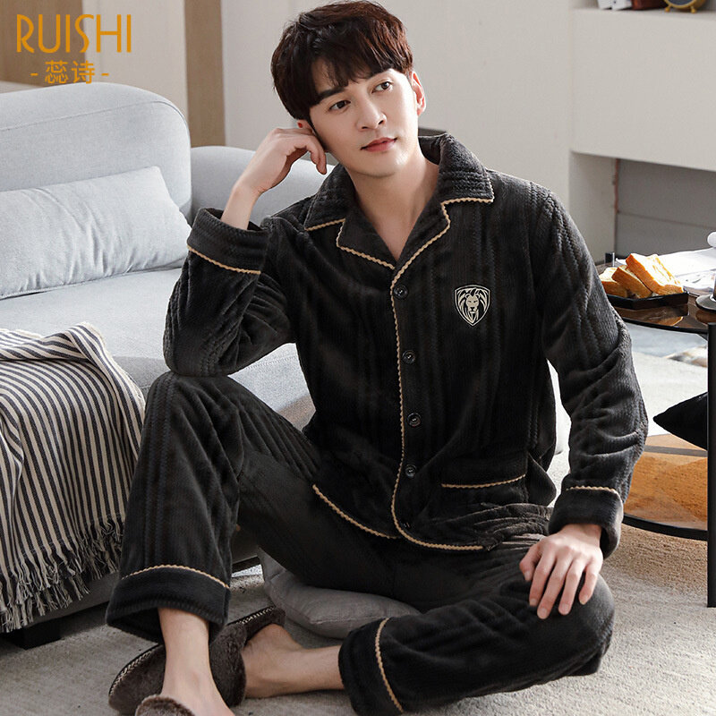 Men's pajamas autumn and winter flannel thickened Plush warm and loose middle-aged dad suit coral Plush pajamas