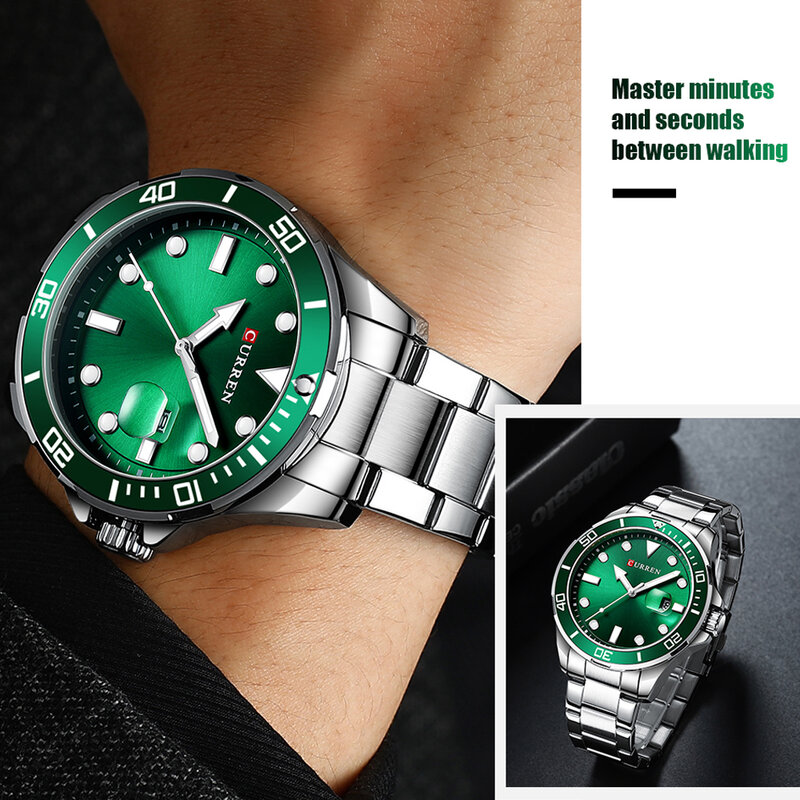 Curren, классический дизайн, часы из нержавеющей стали с зеленым циферблатом для мужчин, модные кварцевые мужские часы, водонепроницаемые мужс...