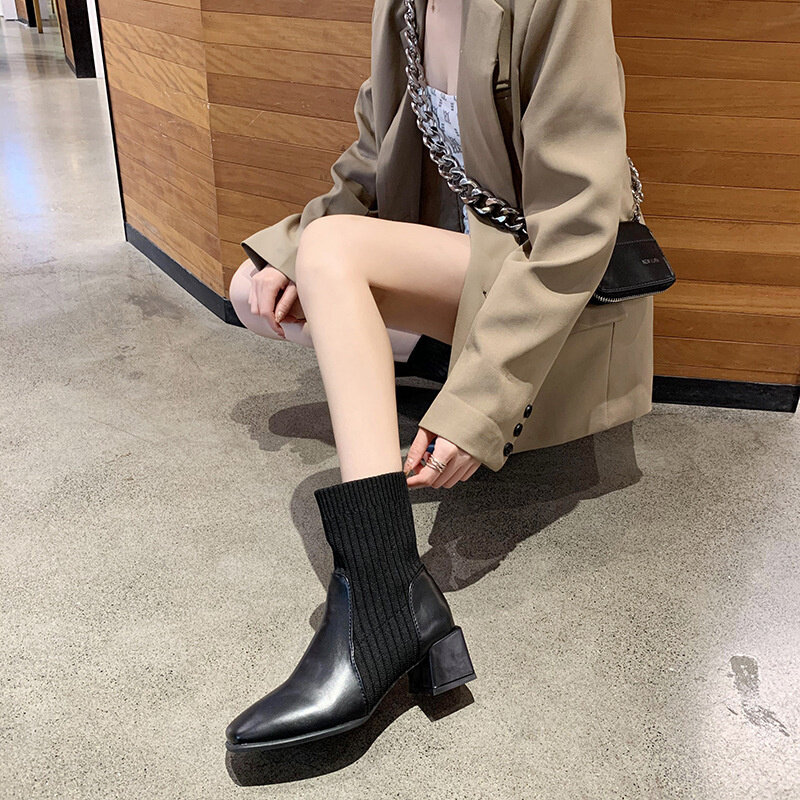 2021 Fashion Autumn Women Leather Shoes Ankle Boots Female Mid Thick Heels Sock Boots Ladies Brown Apricot Square Toe Zip Shoes