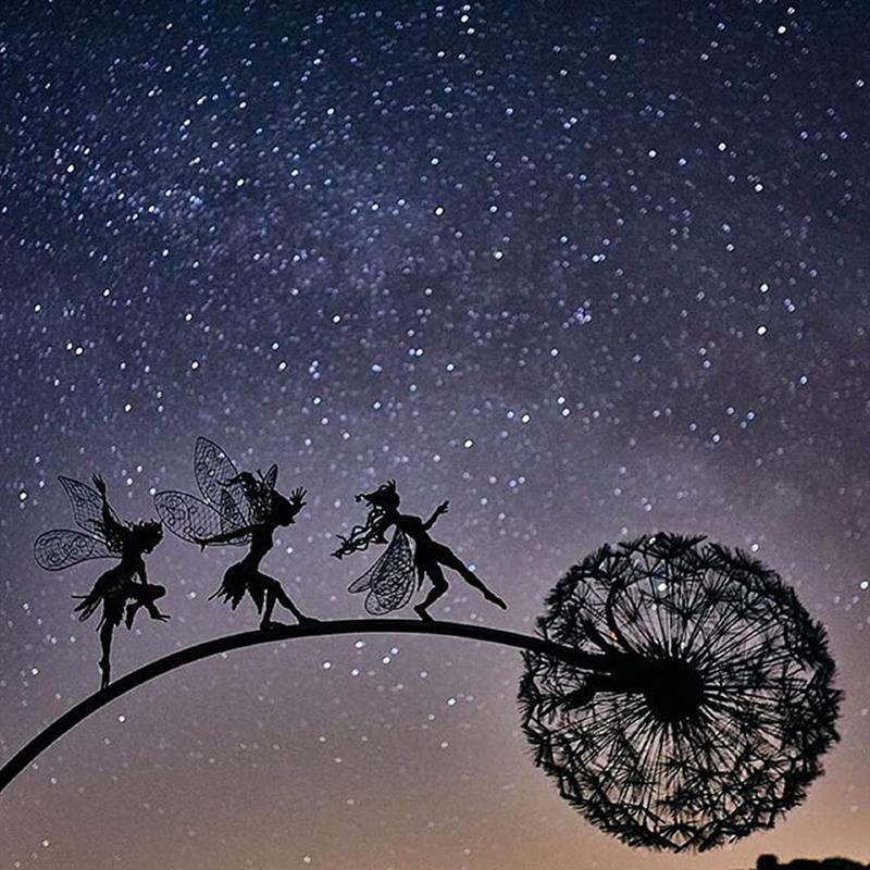 Pixies fadas jardim esculturas estaca metal fadas e dente-de-leão dança juntos paisagem miniatura estatueta gramado decorativo