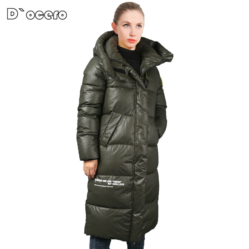 D'OCERO 2021 nowa kurtka zimowa kobiety na co dzień luźne kontrastujące kolory ciepłe parki gruba, pikowana płaszcz X długi, z kapturem odzież wierzchnia