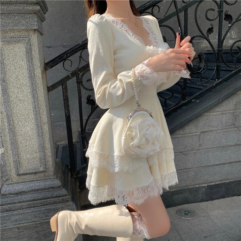 Doce lolita vestido feminino chique com decote em v malha retalhos rendas babados manga longa princesa mini vestido sexy gótico magro vestido de festa