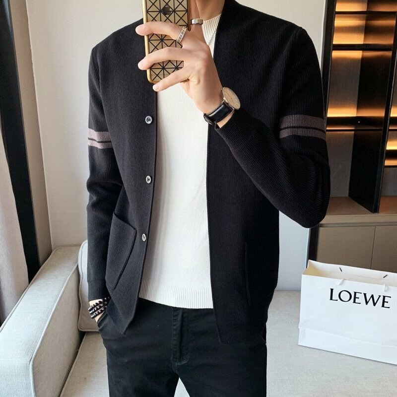 Men 2021 Spring Autumn Fashion Thin Sweater Coats Men Slim Fit V-Neck Cardigan Clothing Male Striped Casual Knitted Jackets O142