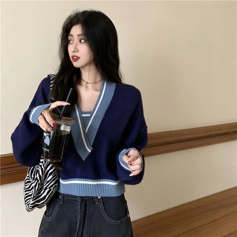 Sweter V-neck Musim Gugur Mode Wanita Kasual Korea Rajutan Vintage Pullover Perempuan Harajuku Atasan Sweter Pendek Musim Semi