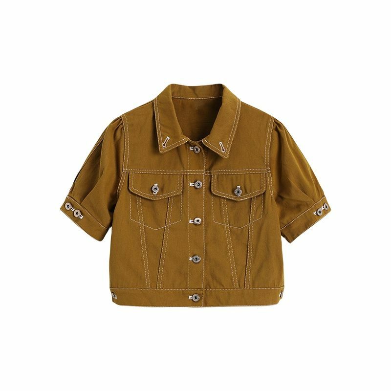 Camisa de manga corta con cuello cuadrado para mujer, blusas informales de color sólido, Crop Tops Vintage, ropa de calle coreana, 2021