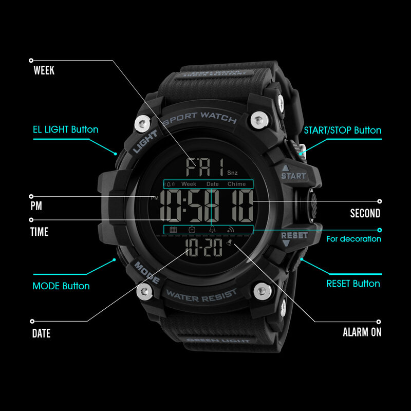 Skmei contagem regressiva cronômetro esporte relógio dos homens relógios marca superior luxo relógio de pulso à prova dwaterproof água led eletrônico digital masculino relógio