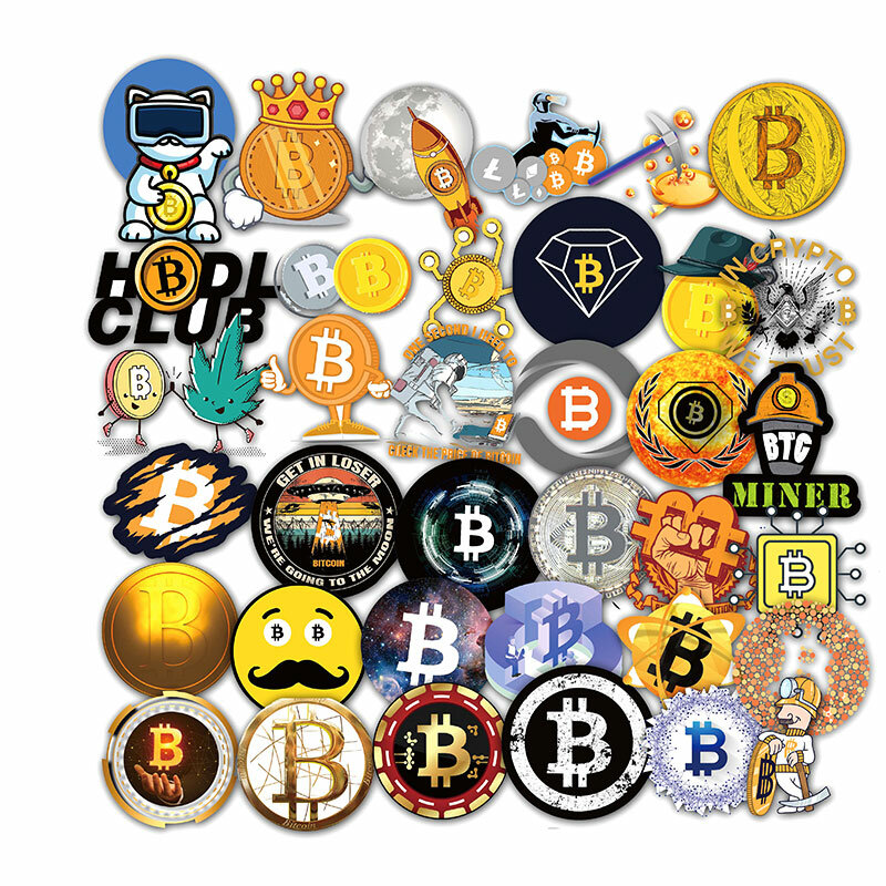 Pegatinas de monedas conmemorativas divertidas de Bitcoin/Dogecoin para motocicleta, cuaderno, ordenador, coche, calcomanía de juguetes para niños, 10/30/50 unids/lote por paquete
