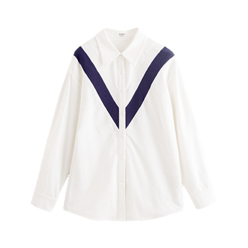 Inman camisa feminina outono inverno solto topo casual gola pontiaguda emenda design all-match manga comprida blusa de algodão