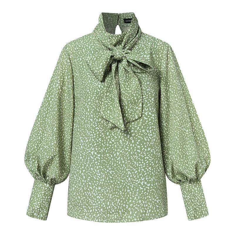 Women Tops and Blouses 2021 Celmia Vintage Printed Shirts Autumn Long Lantern Sleeve Elegant Office OL Casual Bow Tie Blusas 7