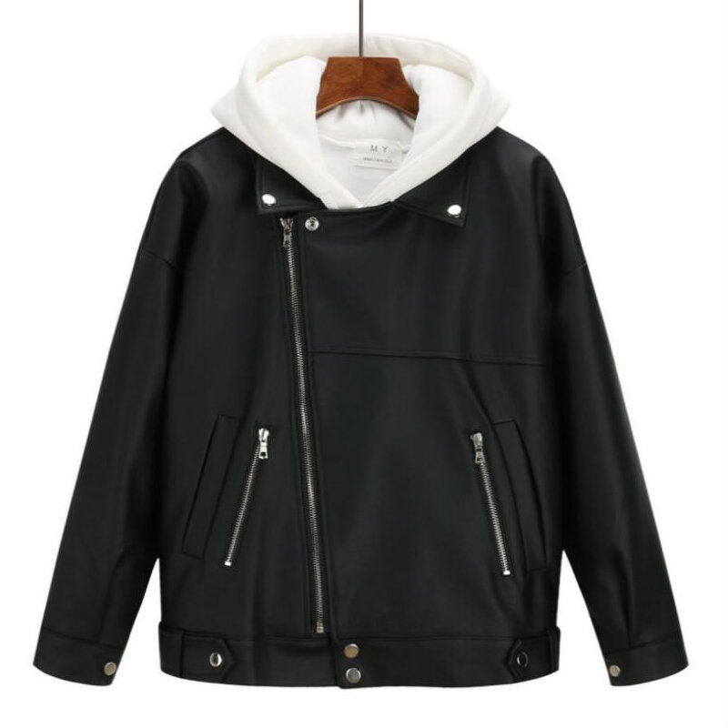 Женская кожаная куртка оверсайз, куртка бойфренда в Корейском стиле, верхняя одежда из искусственной кожи, черная велосипедная куртка, Осен...