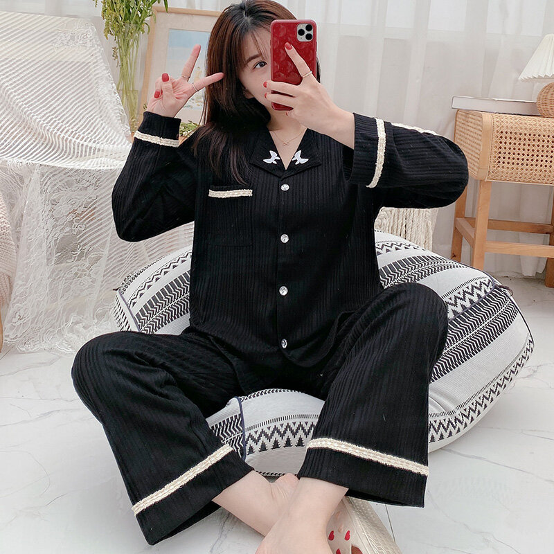 Black Butterfly Pajamas for Women Spring Autumn Korean Style Long Sleeve Cardigan Suit Cotton Student Homewear Summer and