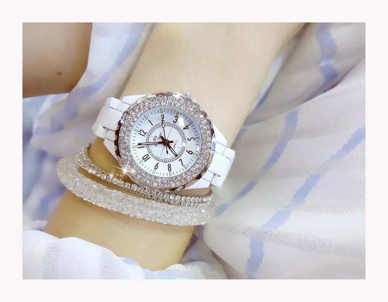 2019 New 高級女性は白のセラミックダイヤモンドの女性の女性の腕時計のギフト Relogios Femininos ファッションクォーツ腕時計時計