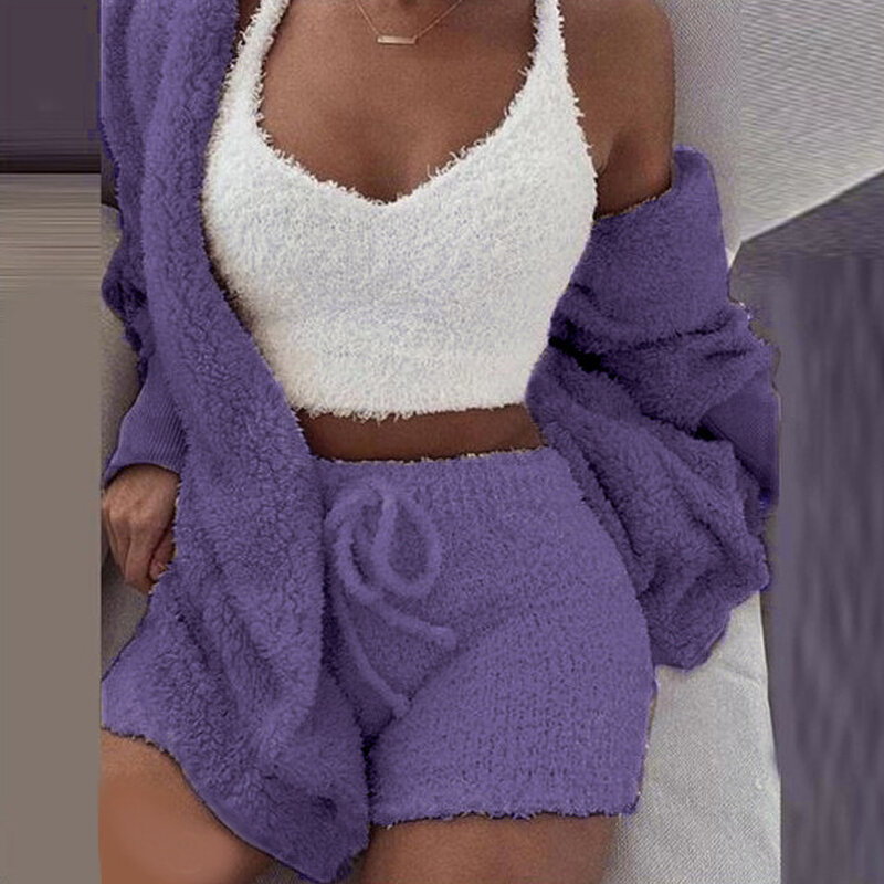 Conjunto de pijama Sexy y esponjoso para Mujer, ropa de dormir de terciopelo, bata de felpa suave, informal, sin mangas, suéter, ropa de dormir, 2/3 uds.