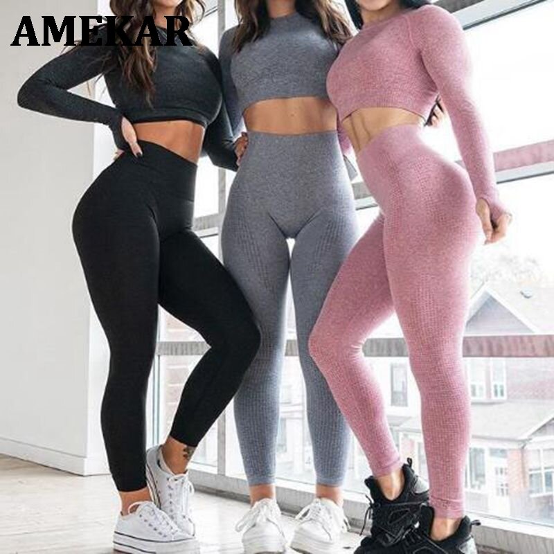 Conjunto de Yoga sin costuras para mujer, ropa deportiva para Fitness, paño de gimnasio, camisas de manga larga, Leggings de cintura alta para correr, entrenamiento, 2021
