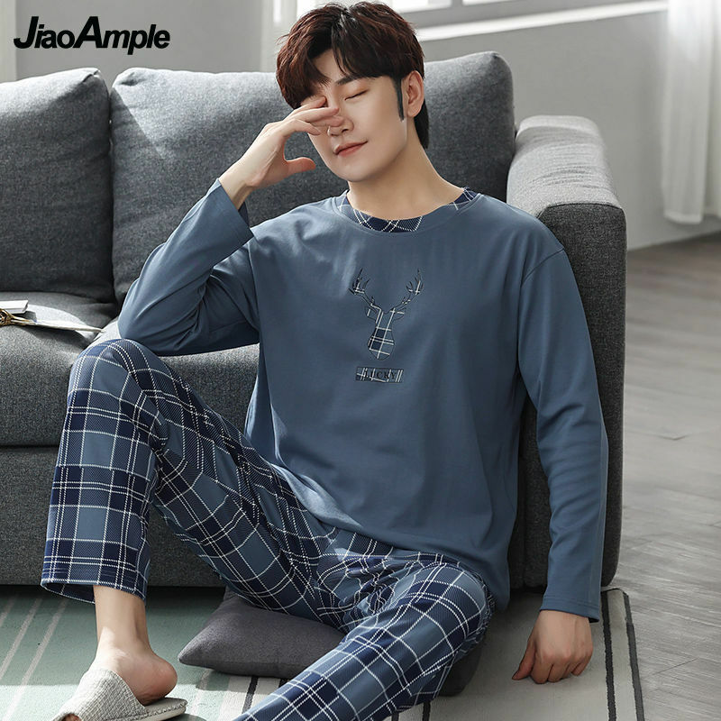 Pyjama deux pièces en coton pour homme, vêtement de nuit ample, à manches longues, avec pantalon, collection automne-hiver 2021
