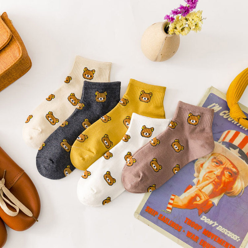 Calcetines de algodón con estampado de dibujos animados para mujer, medias transpirables con diseño de oso bonito y Animal, peinado de algodón puro, novedad de 2021