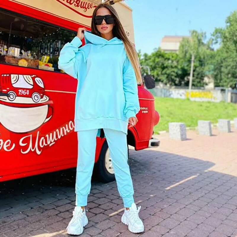 Free Shipping 2021 New Women's Loose Letters Sports Set Casual Zipper Long Sleeve Hooded Collar Sweater & Pants Two-piece Set