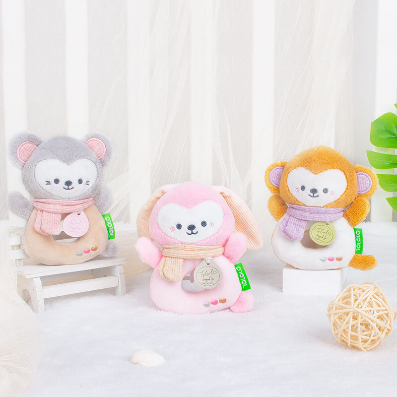 Chocalho educacional infantil de pelúcia, brinquedo de companhia para bebês com manivela, animal fofo multifuncional