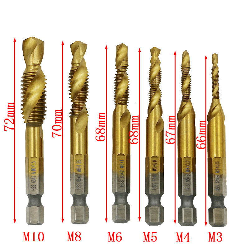 6Pcs/Set M3-M10 Composite Tap Drill Bit Set High Speed Steel Twist Drill Hexagonal Handle Bit Set