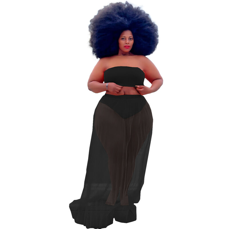 Echoine Plus Size Tube Top Women Set Solid Color Two-piece Mesh Pleated Perspective Sexy Breast Wrap Suit Drop Shipping