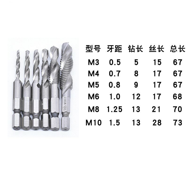 6pcs M3 M4 M5 M6 M8 M10 HSS Drill Bit Tap HSS Drill Bits Metric Thread Spiral Screw1/4" Hex Shank Bits Set Power Tools