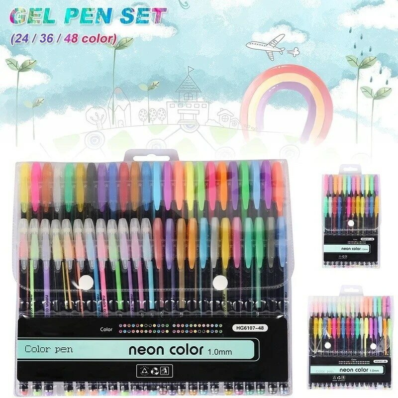 12/18/24/36/48 Pcs Color Gel Marker Pens Metallic Glitter Pastel Fluorescence Neon Coloring Set