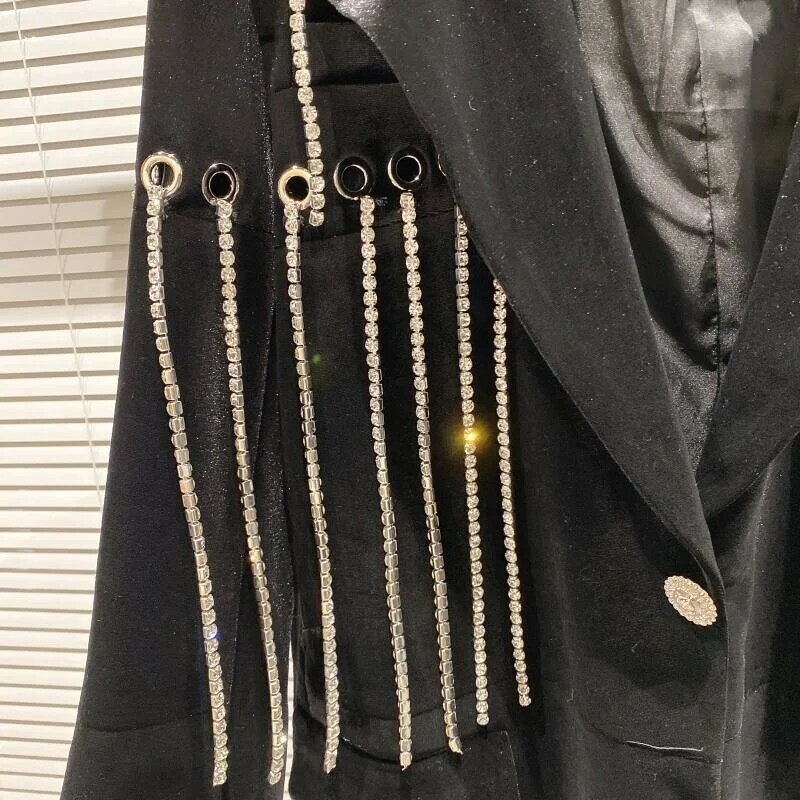 Chaqueta holgada de terciopelo con anillo de Metal para mujer, chaqueta holgada con borlas, diseño de cadena, primavera y otoño, 2023