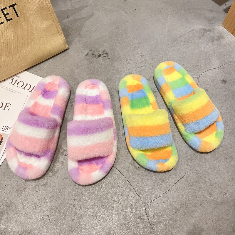 Women Fashion Rainbow Flurry Slipper Winter Plush Warmth Home Slippers Ladies Mixed Colors Indoor Falt With Fuzzy Slipper