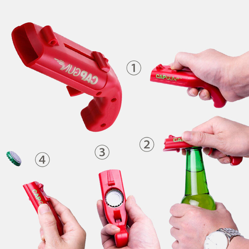 Przenośny Cap Gun narzędzie barowe kreatywny latający Launcher butelka piwa otwieracz napój w kształcie pokrywy Shooter czerwony szary