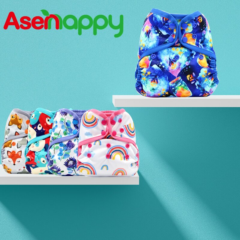 Asenappy-더블 거싯 신제품 아기용 원 사이즈 재사용 천 기저귀 커버 랩, 평평하거나 장착 기저귀와 함께 사용