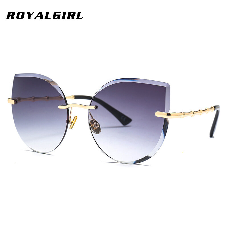 ROYAL GIRL Cat Eye แว่นตากันแดดผู้หญิงยี่ห้อ Designer Rimless แว่นตา Sun แว่นตาสีชมพูหญิงโลหะสีน้ำตาลกรอบแว่นตา Ss150
