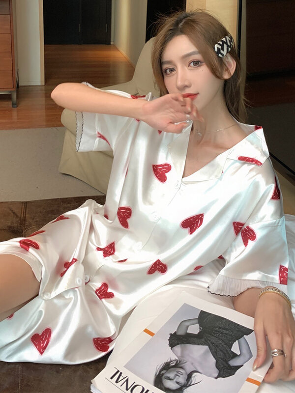 Bộ Pyjama Nữ Mùa Hè Của Băng Mỏng Ngắn Xinh Xắn Tay Váy Ngủ Nữ 2021 Mới Lụa Đào Ngọt Trái Tim Nhà Quần Áo