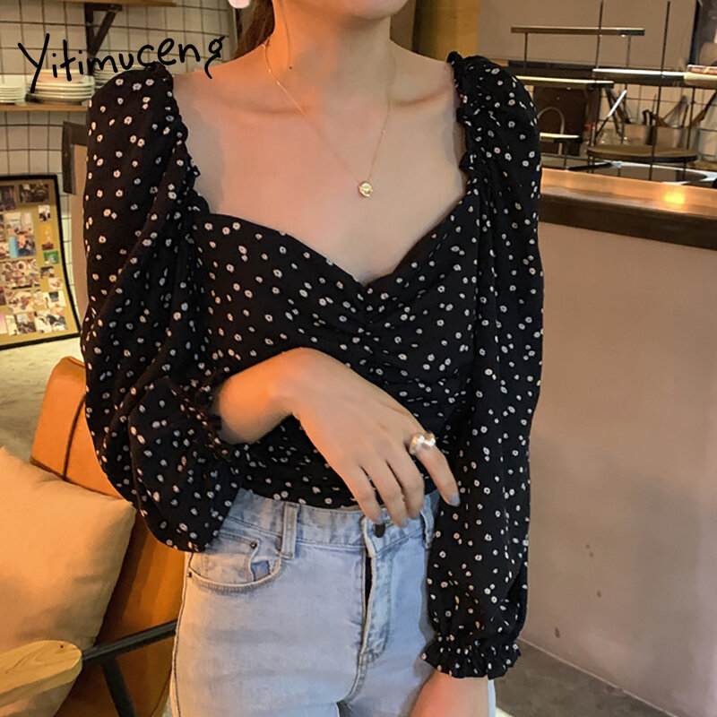 Yitimuceng preto floral impressão blusa feminina colheita tops camisas manga sopro gola quadrada roupas 2021 primavera verão coreano moda
