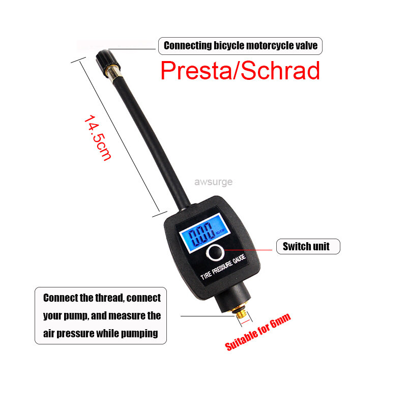 Medidor Digital de presión de aire para neumáticos de bicicleta, medidor de aire para válvula Presta/válvula Schrader, 100PM