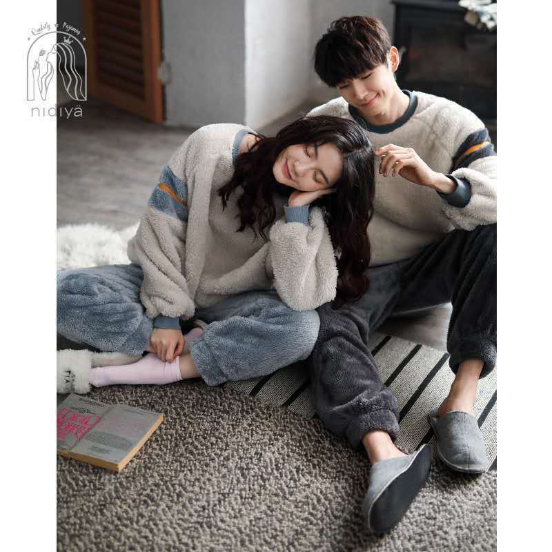 Coral Fleece Pajamas for Couples Female Winter New Long-sleeved Head Set Sports Thickened Home Wear Set Pajamas Set Sleepsear