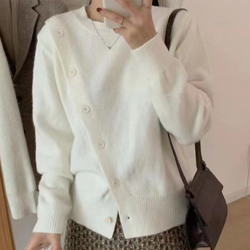 Suéter de manga larga con cuello redondo para mujer, Jersey femenino de manga larga con abertura y una hilera de botones, estilo informal y cálido para otoño e invierno, 2021